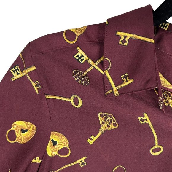 Susan Graver Womens 8 Button Front Long Sleeve Tunic Lock Key Leopard Print Red - Picture 4 of 7